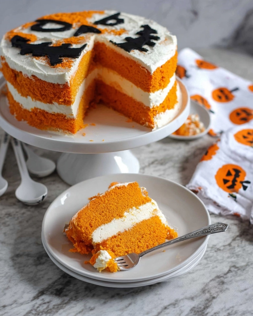 A tall stack of three bright orange round pancakes with two thick, even layers of white cream filling in between each pancake. The top pancake has a scary black jack-o'-lantern face drawn on it, featuring sharp, jagged teeth, evil eyes, and a small triangular nose, all bold and smooth in texture. The stack sits on a white marbled surface, with a white cloth that has small orange pumpkins printed on it placed nearby, along with a wooden spatula that has a black and white ghost pattern on the handle. photo taken with an iphone --ar 4:5 --v 7