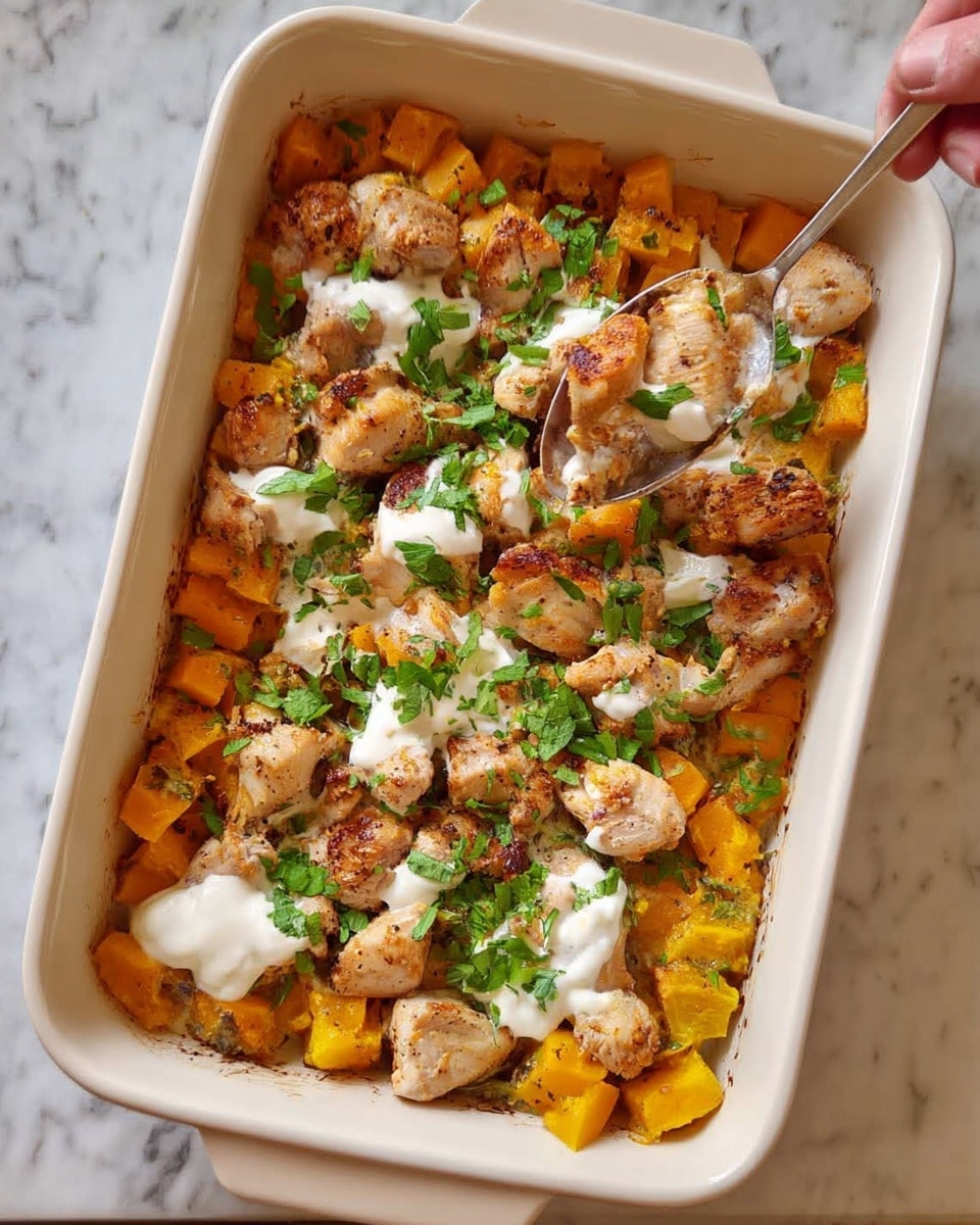 A white rectangular baking dish filled with layers of cooked ingredients: the bottom layer has soft orange cubes of squash or pumpkin mixed with finely chopped herbs, followed by small pieces of cooked chicken scattered on top. There are dollops of white creamy sauce spread unevenly across the chicken pieces, and small green herbs sprinkled over the whole dish. A fork in the upper right corner is lifting some chicken and sauce, showing texture. The dish sits on a white marbled surface with a blue cloth visible on the right side. Photo taken with an iphone --ar 4:5 --v 7