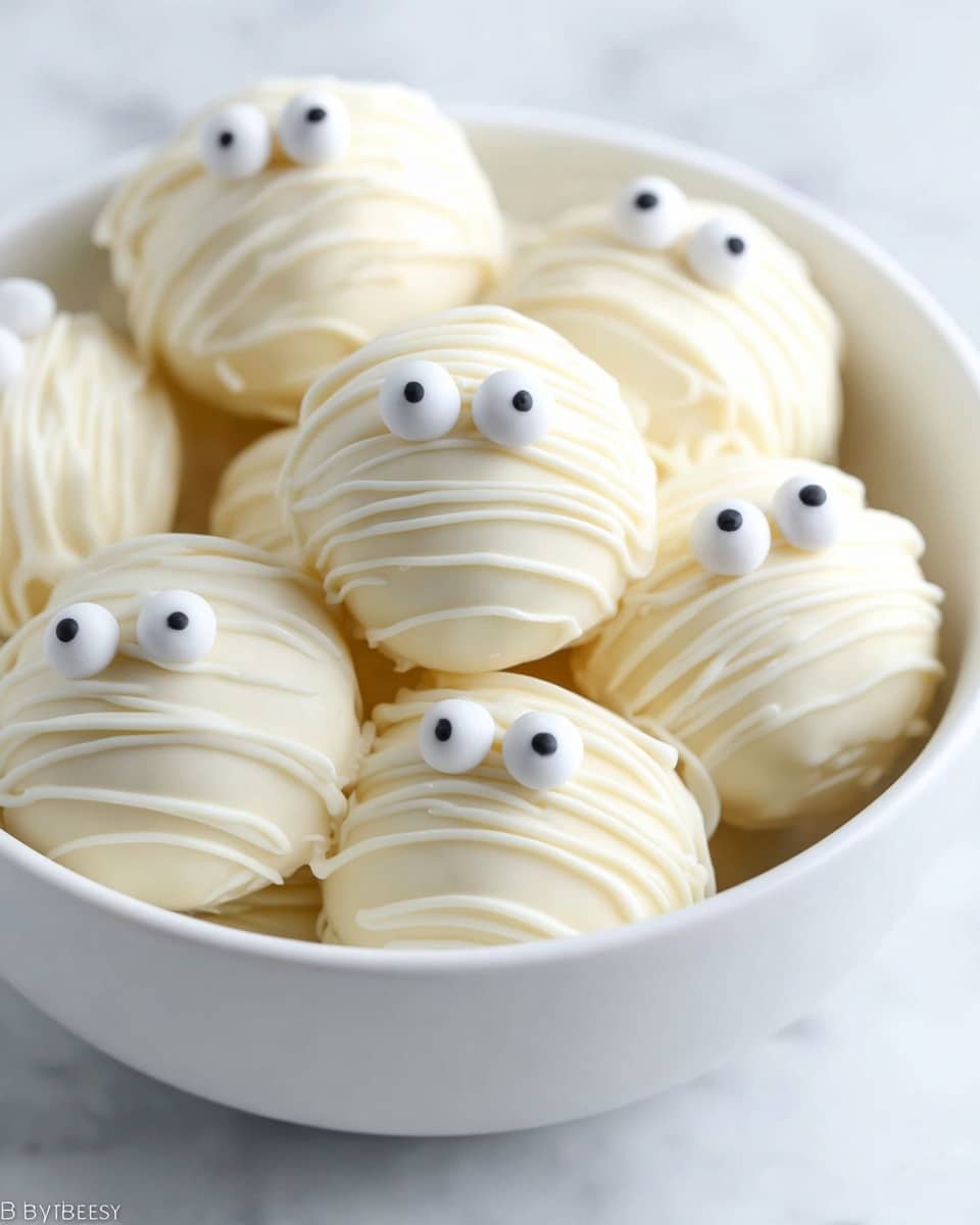 A white bowl filled with several round white chocolate balls, each decorated to look like a little ghost. Each ball has two white candy eyes with small black centers placed near the top, and thin white chocolate lines drizzled all over, making a textured look like wrappings. The balls have a smooth and shiny surface with layered swirls of white chocolate. The bowl is placed on a white marbled surface. photo taken with an iphone --ar 4:5 --v 7