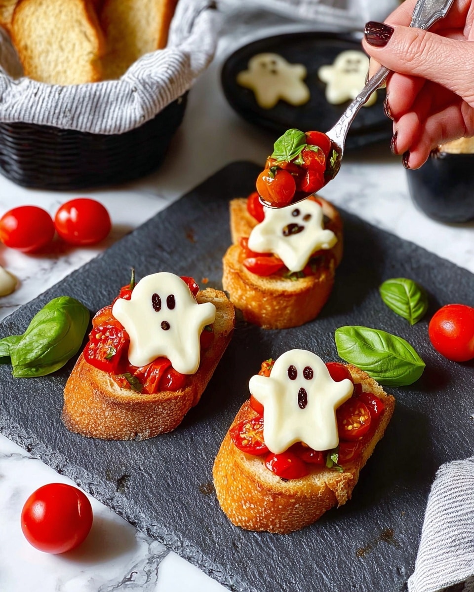 The image shows three pieces of toasted bread on a dark gray textured tray placed on a white marbled surface. Each toast has a base layer of diced red cherry tomatoes mixed with herbs, followed by a layer of fresh green basil leaves. On top, there is a slice of white cheese shaped like a small ghost with dark eyes and mouth made from a sauce. Around the toasts, there are a few whole cherry tomatoes and basil leaves for decoration. A woman's hand is spooning the tomato mix onto another piece of toast. To the left, there is a basket with more toasted bread and a small black bowl filled with extra ghost-shaped cheese slices. Photo taken with an iphone --ar 4:5 --v 7
