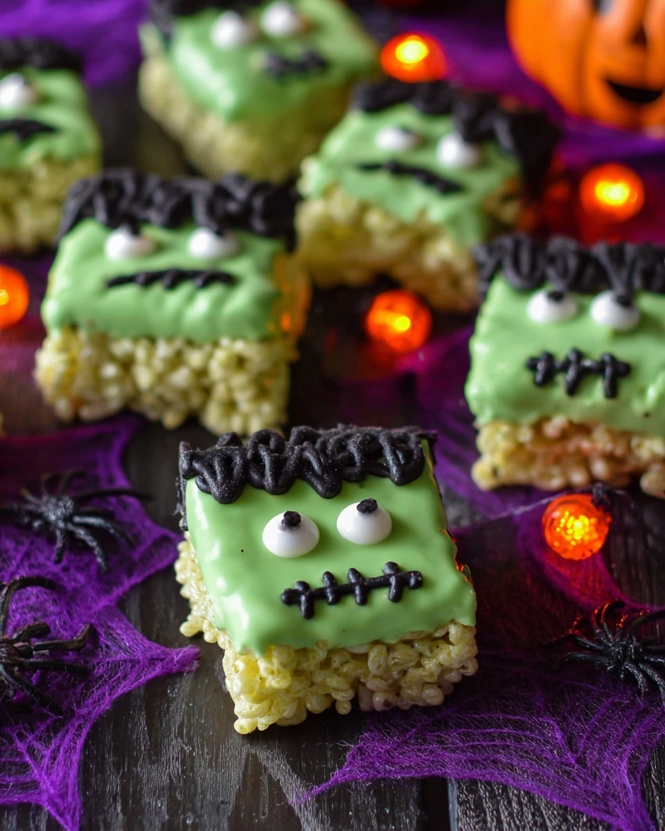The image shows several square-shaped treats arranged on a white marbled surface with a black and purple spiderweb cloth underneath. Each treat has two clear layers: at the base, a crispy cereal layer, and on top, a smooth, bright green coating covering the entire square like a thick glaze. The front treat is decorated with a face resembling a monster, featuring two large white round candy eyes with black centers near the upper middle, a thick black icing hairline at the top, and black icing stitches forming a mouth near the bottom. Other treats in the background have similar monster faces with white eyes and black icing details but are less sharply focused. Small orange glowing pumpkin lights and scattered pastel round candies add a festive touch. Photo taken with an iphone --ar 4:5 --v 7