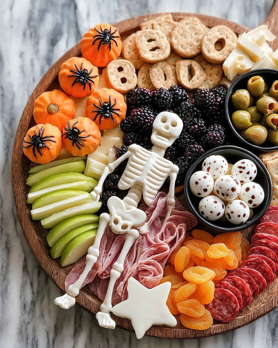 A round wooden tray holds a spooky Halloween snack board with a white plastic skeleton figure lying stretched out in the center. On the skeleton's ribcage are rolled pink slices of meat. Above the skeleton’s head are thin bright green apple slices leaning against the tray side. To the left of the skeleton’s skull are orange pumpkin-shaped cheese rounds with little black plastic spiders on top, and light beige letter-shaped crackers that spell 