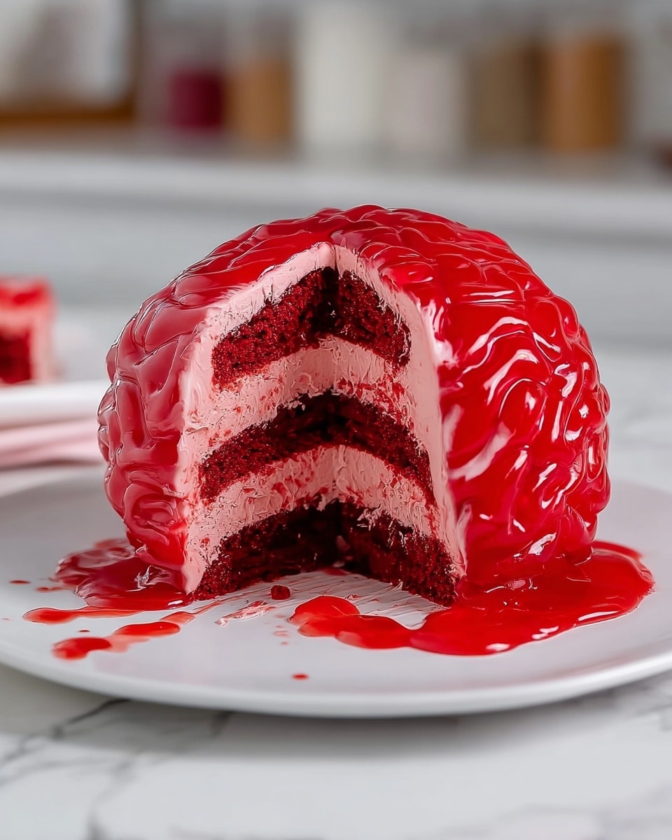 The image shows a brain-shaped cake with three layers of dark red sponge. Between each sponge layer is a light pink cream layer. The outside is covered with bright red jelly, shaped and textured like brain folds, which is shiny and slightly drips down onto the white plate. The cake sits on a white marbled surface with a blurry kitchen background. Photo taken with an iphone --ar 4:5 --v 7