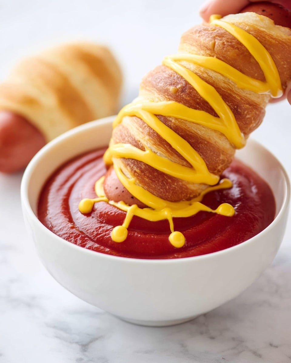 A close-up of a white bowl filled with smooth red ketchup topped with a spiderweb pattern made from bright yellow mustard. A woman's hand is holding a small hot dog wrapped partially in golden brown, soft pastry dough, dipping it into the bowl. The hot dog has two small mustard dots on its visible end. The background shows a white marbled texture surface with some round pastry pieces scattered around. Photo taken with an iphone --ar 4:5 --v 7
