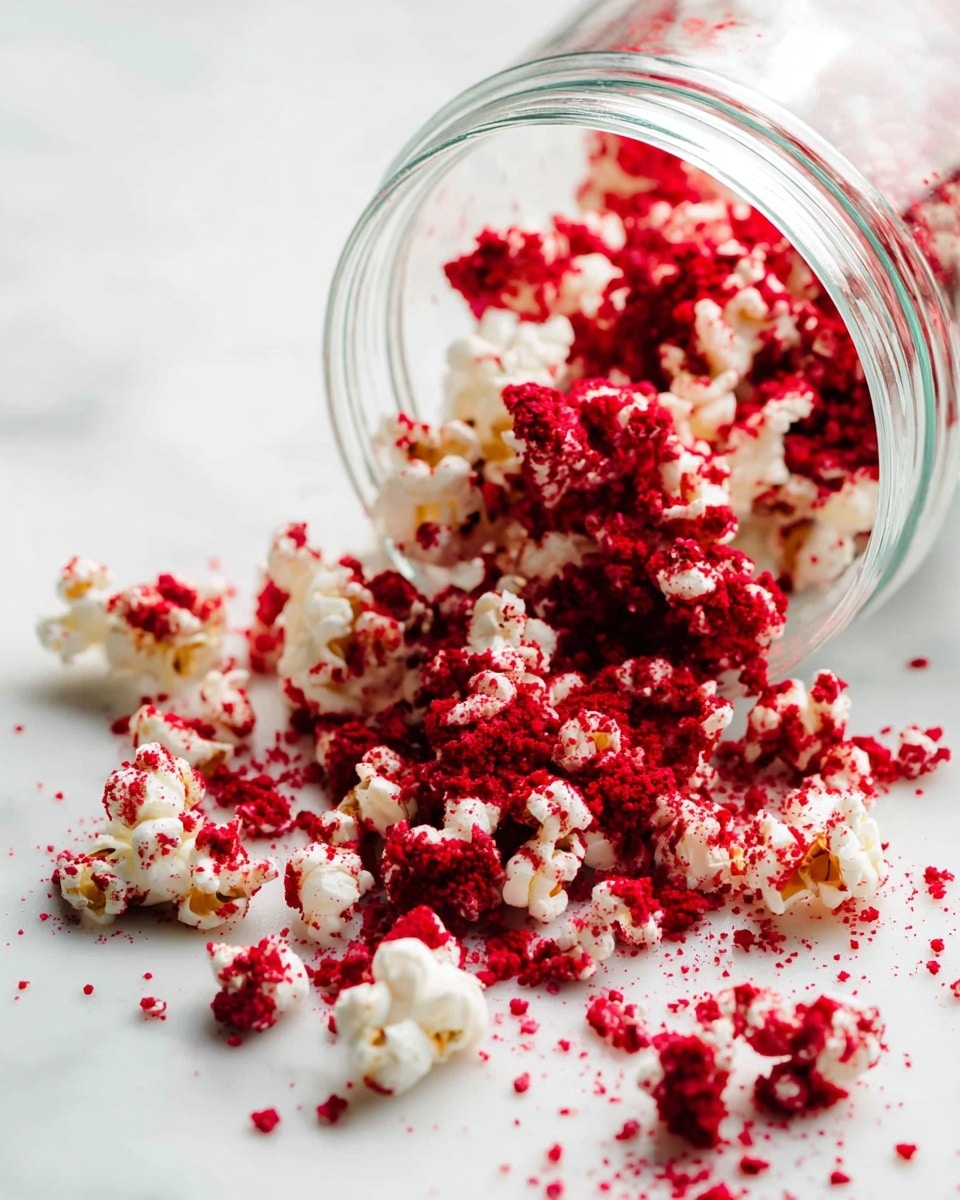 A clear glass jar is tipped over on a white marbled surface, spilling out white popcorn pieces that are sprinkled and coated with bright red powder. The popcorn and red crumbs scatter unevenly around the jar, creating a mix of fluffy white texture and rough, vibrant red bits spread externally in a random pattern. The image has a clean and bright look, focused on the contrast between the white popcorn and the red topping. photo taken with an iphone --ar 4:5 --v 7