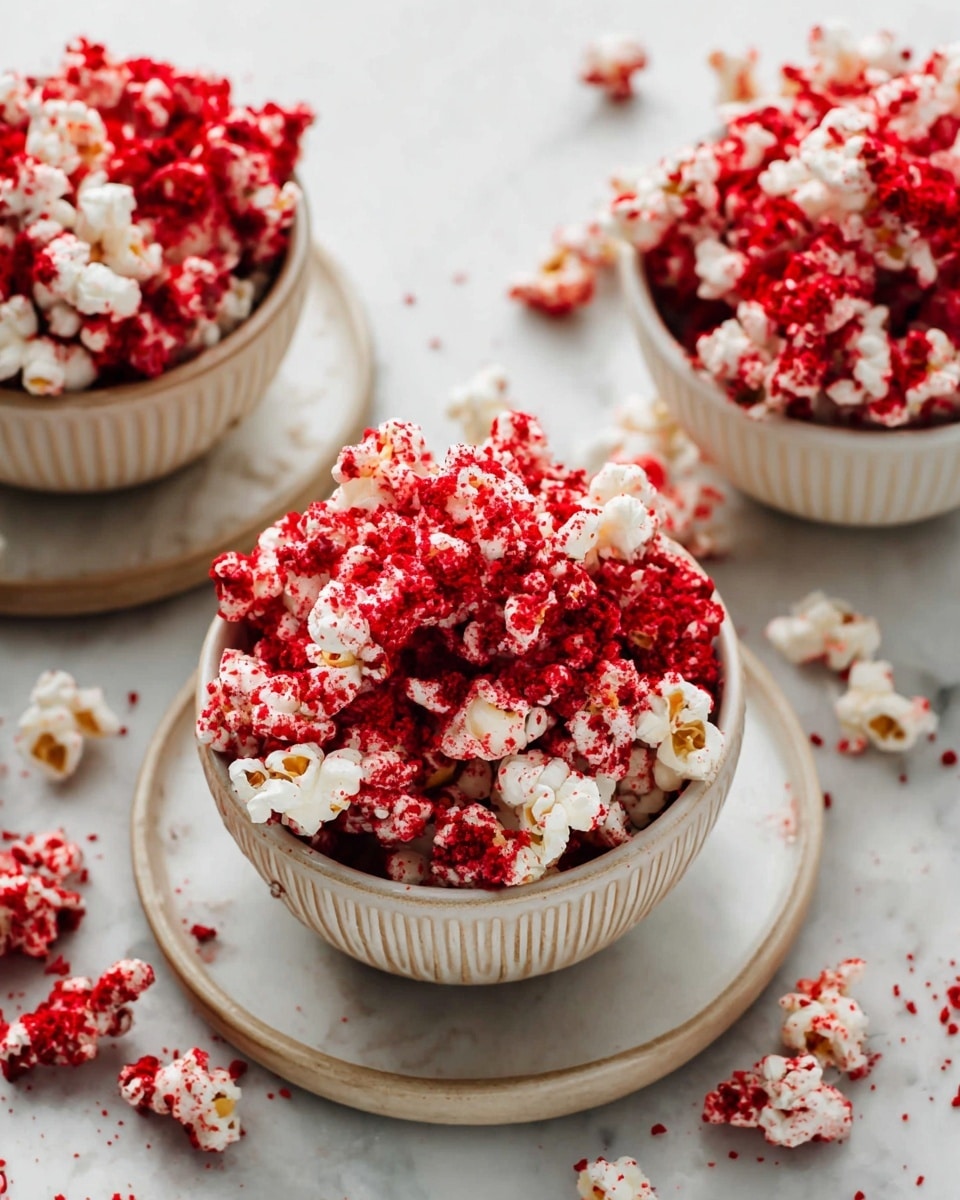 The image shows three bowls of popcorn coated with bright red powder, placed on a white marbled surface. Each bowl is filled with white popcorn generously sprinkled with a vibrant red crumbly topping that covers most of the popcorn unevenly, creating a textured and colorful look. The bowls are light beige with a ridged pattern around their edges and are sitting on matching white ceramic plates. Scattered pieces of popcorn and red crumbs lie around the bowls on the white marbled surface. photo taken with an iphone --ar 4:5 --v 7