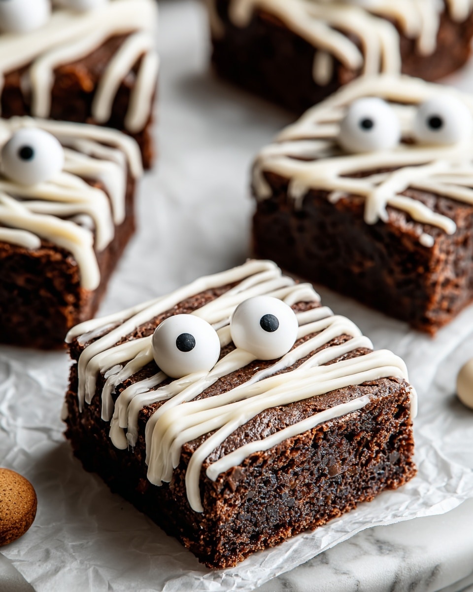 A close-up of square chocolate brownies with a dense, moist texture forming the first dark brown layer. Each brownie is decorated with a second layer of white icing drizzled unevenly to look like mummy bandages. On top of the icing, there are two round candy eyes per brownie, white with black centers, giving a playful look. The brownies are arranged on crumpled parchment paper that lies on a white marbled surface. The focus is sharp on the closest brownie, while the background fades softly. photo taken with an iphone --ar 4:5 --v 7