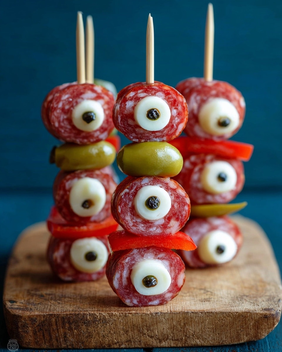 The image shows six skewers standing upright on a wooden board, each skewer layered with two red slices of salami, two small white balls of cheese that look like eyes with black dots in the center, one or two green olives, and a strip of red bell pepper. The top salami slice holds a cheese ball with a black dot in the center resembling an eye, the middle section has a red bell pepper slice and an olive, and the bottom has another salami slice with a cheese ball and black dot. The cheese balls are smooth and round, the salami has white fat spots, and the olives are shiny. The skewers are set against a blue background. Photo taken with an iphone --ar 4:5 --v 7