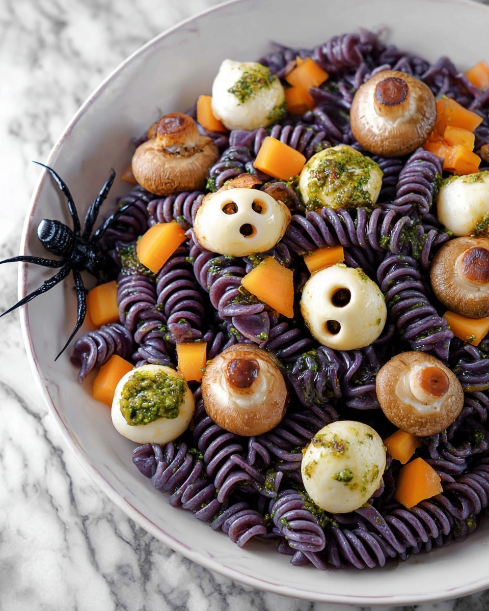 This dish shows dark purple spiral pasta as the base layer filling the white plate. On top, there are light brown mushrooms shaped like small faces with two round holes, scattered evenly across the pasta. White mozzarella balls with green pesto centers look like eyeballs placed among the pasta and mushrooms. Bright orange pieces of bell pepper add color, scattered throughout. A small black plastic spider is placed on the pasta near the top left area for decoration. The entire dish sits on a white marbled surface. Photo taken with an iphone --ar 4:5 --v 7