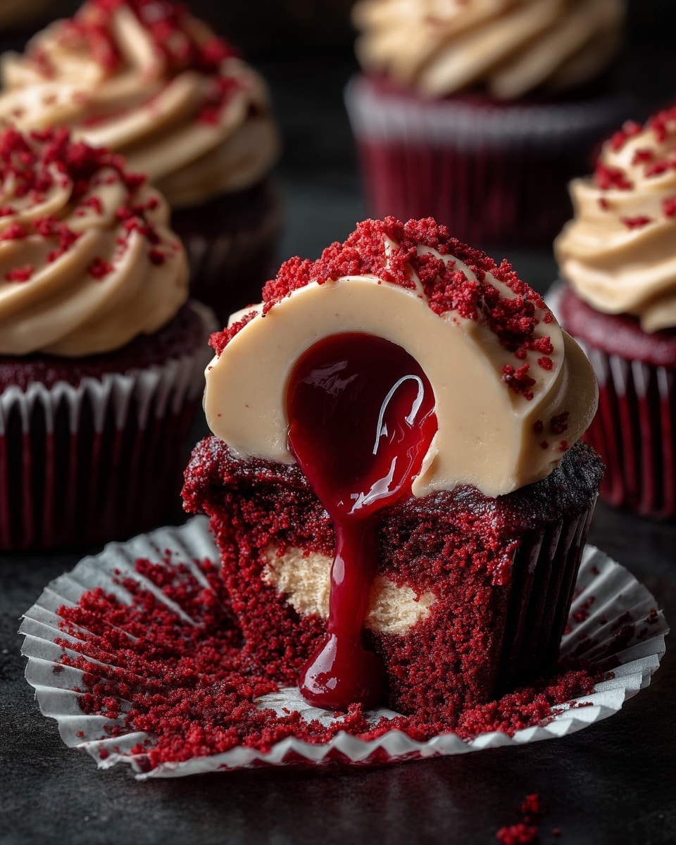 The image shows a red velvet cupcake with three main layers. The base is a dark red, moist cake layer with a soft crumb texture. The middle layer is a creamy beige dome of smooth frosting that has been cut open, revealing a rich, glossy red sauce oozing out from the center. The frosting is topped with small red crumbs scattered along the top and the sauce is drizzled over the dome. The cupcake liner is white with red crumbs around the base. The cupcake is placed on a dark surface, with several similar cupcakes blurred in the background. Photo taken with an iphone --ar 4:5 --v 7