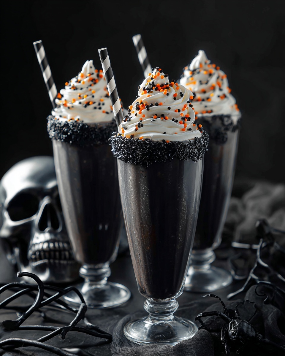 Three tall clear glasses filled with a dark black milkshake, each glass rimmed with coarse black sugar. On top of each milkshake is a large swirl of white whipped cream sprinkled with small orange and black round sprinkles. Each glass has a black and white striped straw sticking out of the whipped cream. The glasses are arranged close together on a black surface with some thin, twisted black branches in front and a dark skull in the background, all set against a dark background. photo taken with an iphone --ar 4:5 --v 7