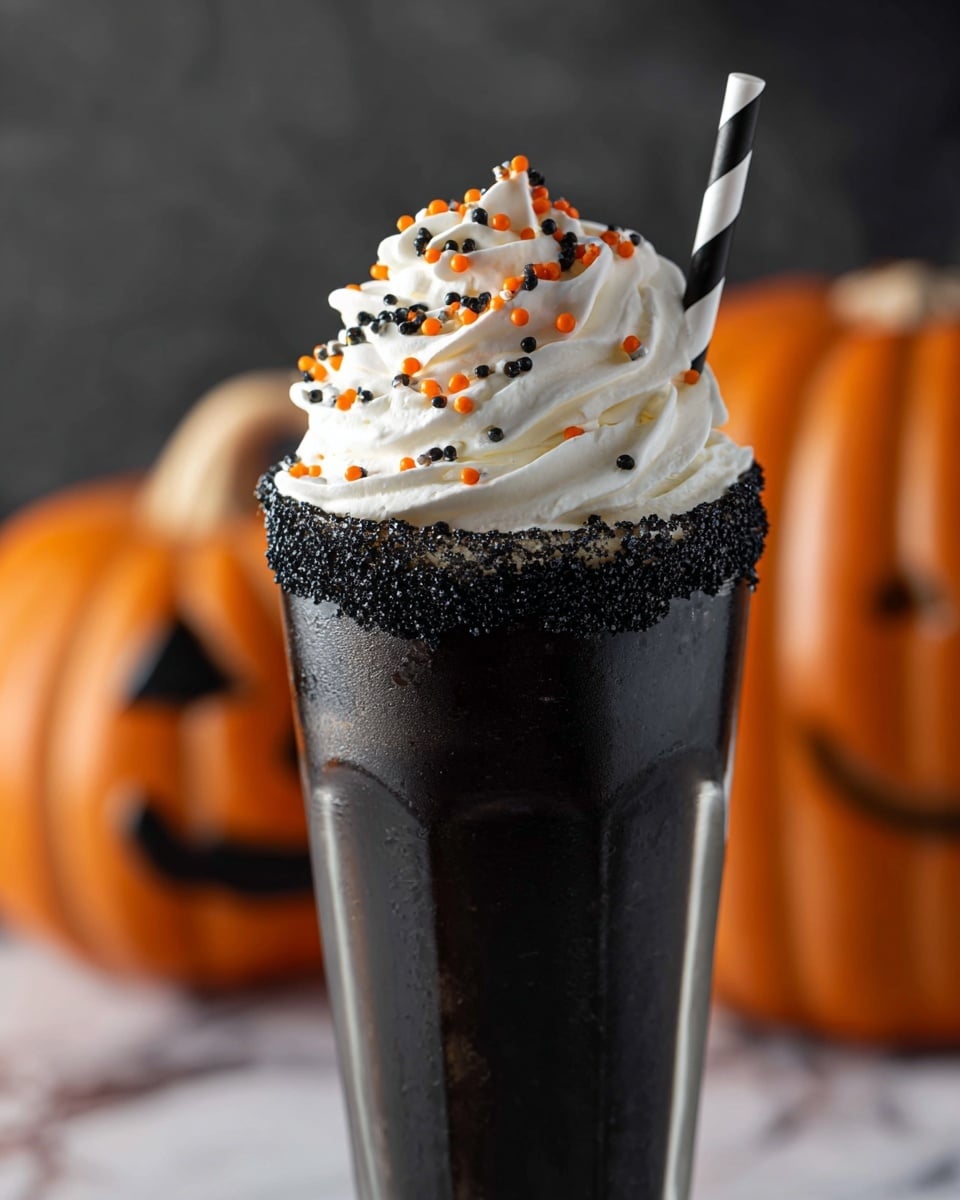 A tall black glass filled with a dark drink is shown, with a thick layer of white whipped cream on top. The whipped cream is swirled into soft peaks and covered with small orange and black round sprinkles. A black and white striped straw stands upright in the whipped cream. The rim of the glass is coated with black sugar crystals that look slightly rough. In the background, two orange pumpkins with carved faces appear blurred. The surface under the glass has a white marbled texture. Photo taken with an iphone --ar 4:5 --v 7