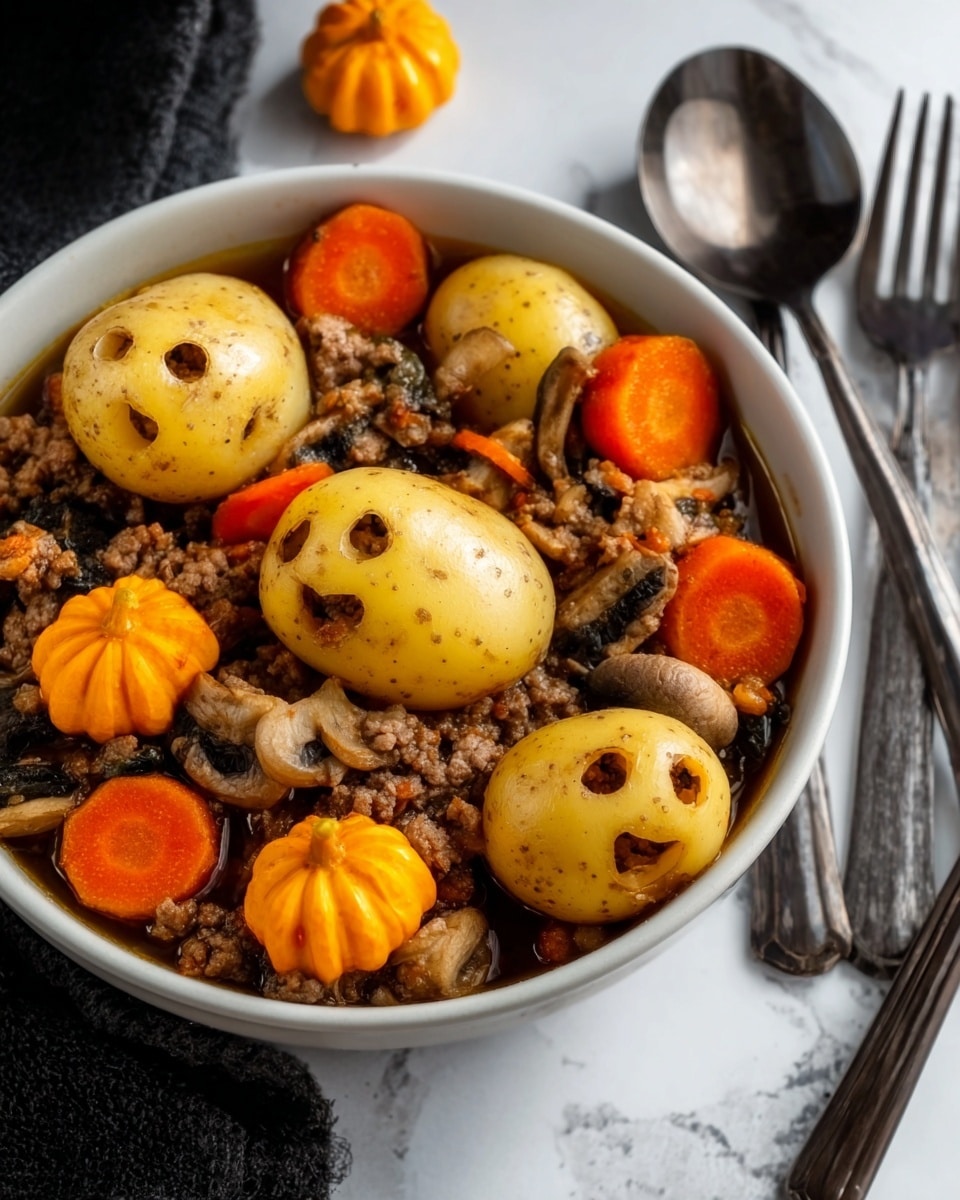 The image shows a ladle filled with a dark brown stew that has three yellowish-brown potatoes with small holes, resembling eyes and mouth, floating on top. There are two bright orange carrot pieces, one cut with a flower-like shape, sitting among the potatoes. The ladle is held over a black surface with white pumpkin decorations around, and a green pot filled with the same stew is partially visible in the background. The setting is against a white marbled texture. Photo taken with an iphone --ar 4:5 --v 7