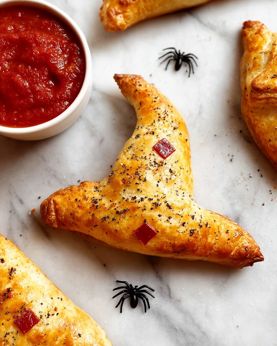 Three lightly browned, triangular shaped baked pastries with small red triangle shapes on the wider edge, arranged on a white marbled surface with some black plastic spider decorations scattered around. A small clear glass bowl filled with bright red sauce is placed next to the pastries on the right side. The pastries have a slightly crisp texture with some specks of herbs baked on top. photo taken with an iphone --ar 4:5 --v 7
