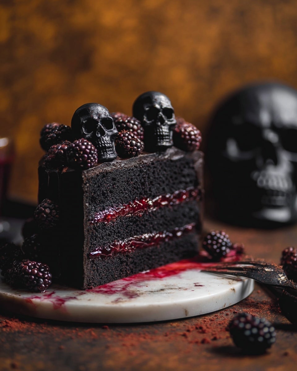 A close-up of a dark chocolate cake slice being lifted, showing two thick layers of moist, dark black cake with a shiny, deep red berry jam layer in the middle. The outside of the cake is covered with smooth dark chocolate frosting, decorated on top with round chocolate pieces and blackberries. The cake sits on a round textured metal plate on a white marbled surface with scattered dried rose petals and a few blackberries around it. A woman's hand holds the plate’s edge, and the warm lighting creates a rich, cozy mood. photo taken with an iphone --ar 4:5 --v 7