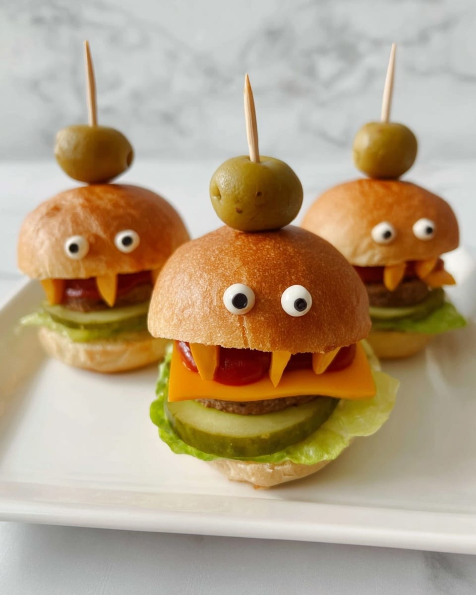The image shows three small sandwiches on a long white plate placed on a white marbled surface. Each sandwich has a golden brown bun on top with two green olives on wooden picks stuck into the bun like eyes. Below the top bun, there are thin slices of orange cheese and red ketchup that look like teeth and a mouth. Under the cheese and ketchup, there is a large green lettuce leaf, a slice of pickle sticking out like a tongue, and a piece of cooked meat beneath the lettuce. The sandwiches are arranged in a line with the middle one in clear focus. Photo taken with an iphone --ar 4:5 --v 7