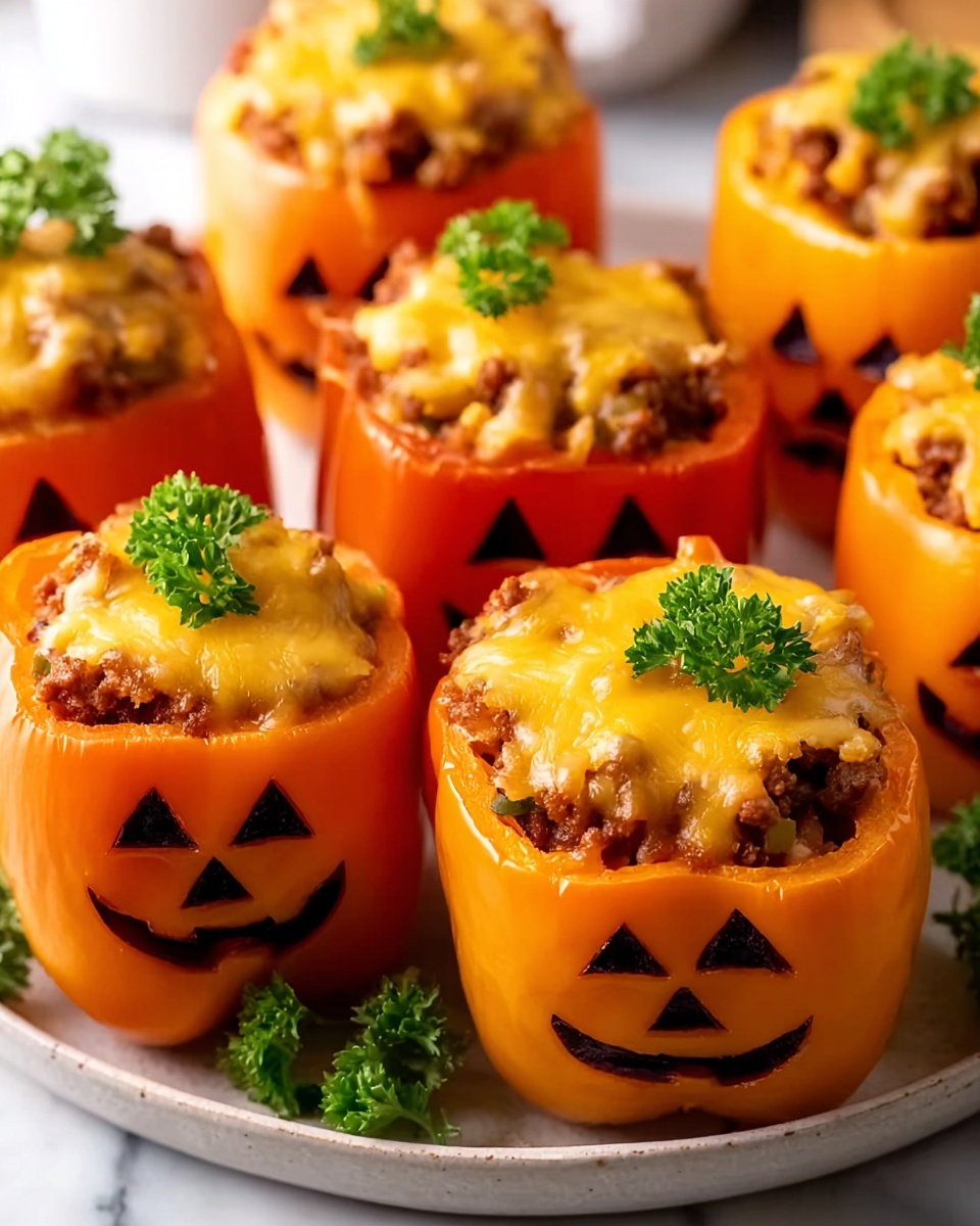 The image shows four stuffed yellow bell peppers carved like jack-o'-lanterns, each with jagged, toothy smiles near the bottom. Each pepper is filled with a mix of ground meat and topped with melted yellow cheese that has a slightly browned texture. Small green parsley leaves are sprinkled on top of the cheese for garnish. The peppers are placed closely together on a white plate with a few sprigs of parsley around them, all set on a white marbled surface. photo taken with an iphone --ar 4:5 --v 7