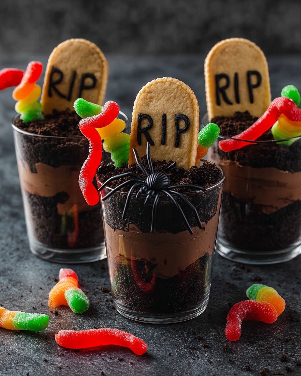 Three clear glass cups hold a Halloween-themed dessert layered three times: a bottom dark crushed cookie layer, a middle smooth chocolate mousse layer, and a top thick dark crushed cookie layer resembling soil. Each cup is decorated with a cookie shaped like a tombstone, standing upright in the middle, with