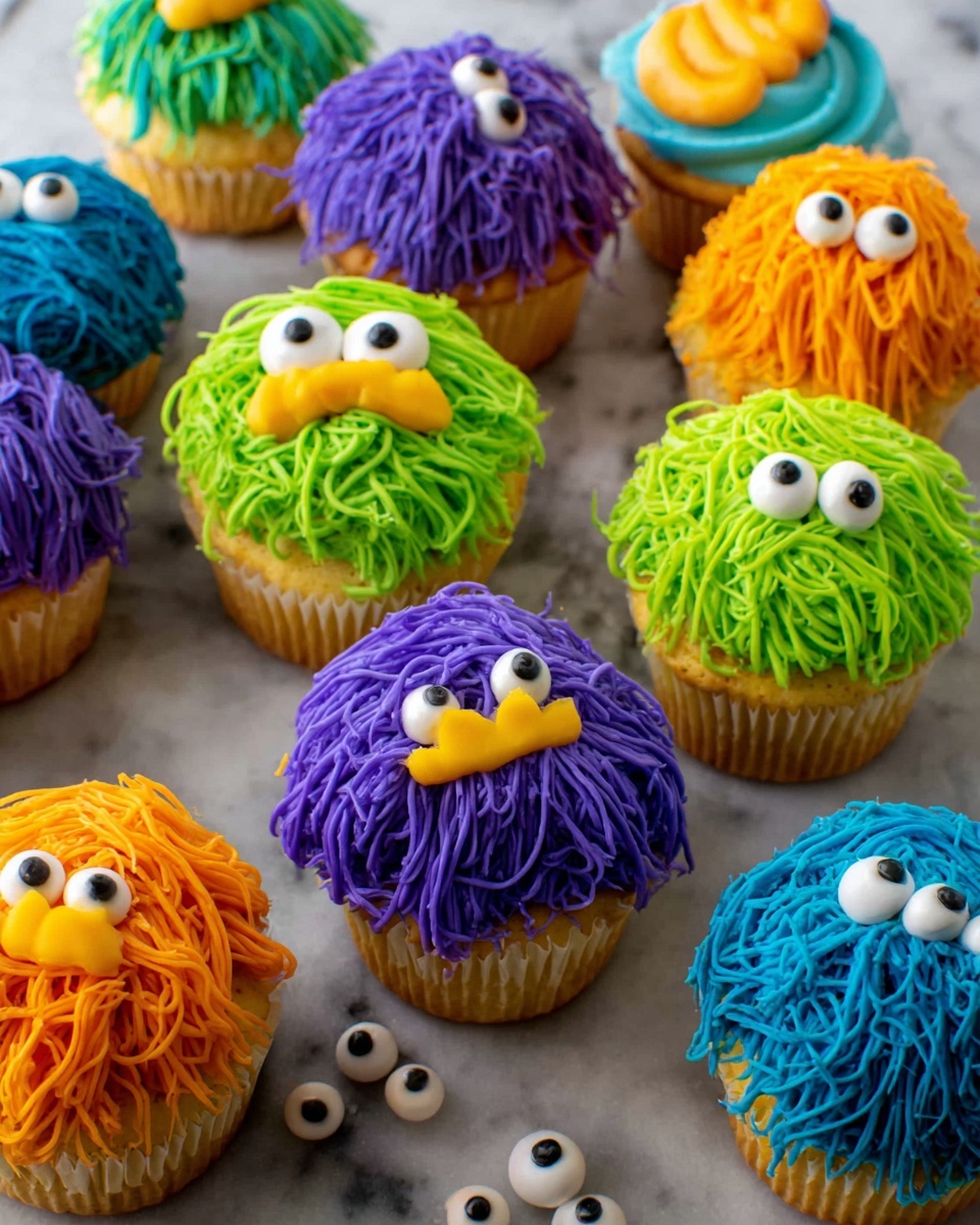 A group of yellow cupcakes with colorful frosting styled to look like fun monsters. Each cupcake has one layer of thick, bright frosting piped in long, thin, tangled strands to create a furry texture in purple, blue, green, and orange. Each monster has two round white candy eyes with black dots, placed on top near the center. Some have small yellow or orange candy shapes as noses or mouths. The cupcakes are placed directly on a white marbled surface. A few extra candy eyes are scattered nearby. Photo taken with an iphone --ar 4:5 --v 7