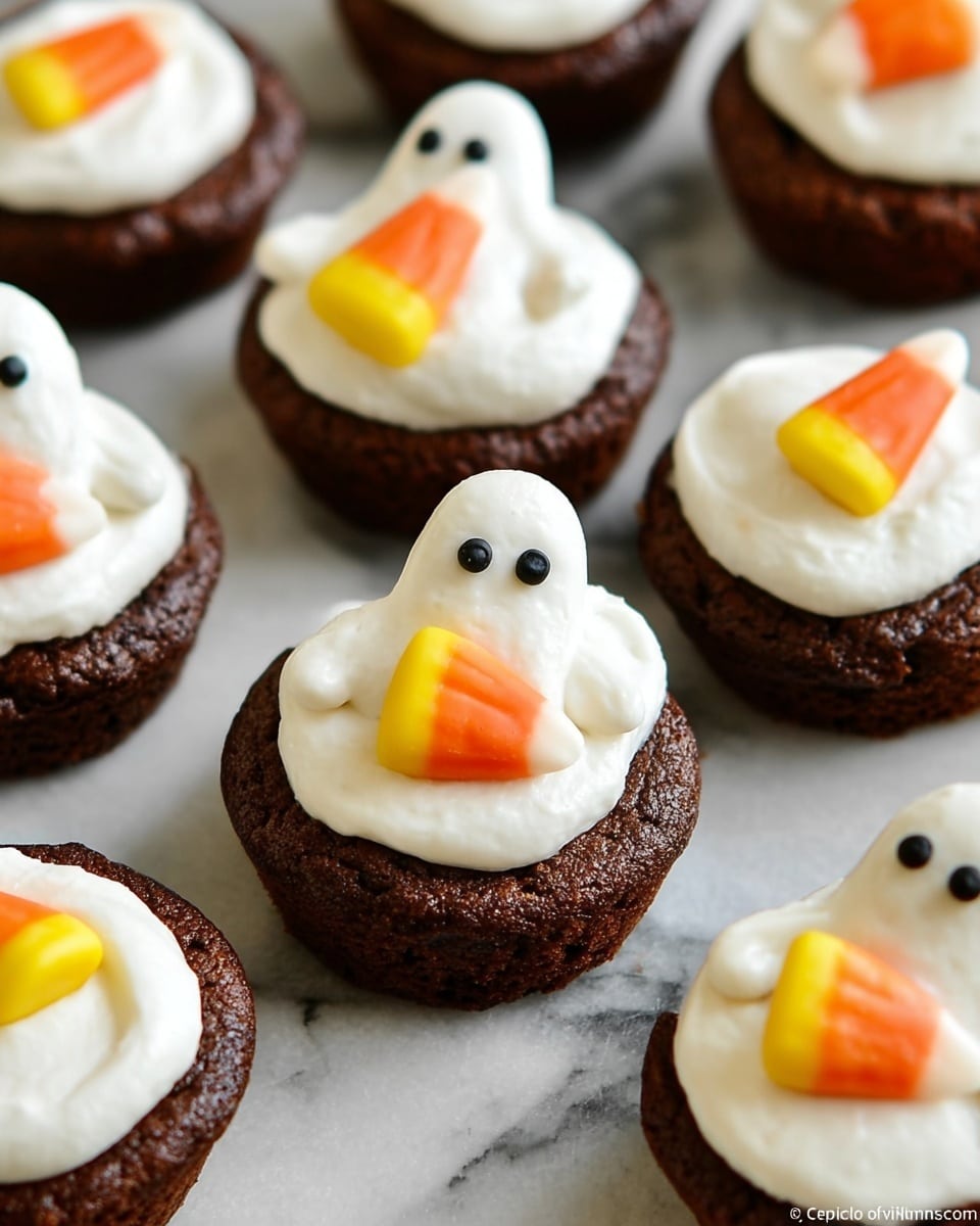 The image shows several small, round chocolate cupcakes arranged on a white marbled surface. Each cupcake has one thick layer of smooth white frosting on top. Placed on the frosting is a small, cute ghost-shaped candy with black eyes and mouth details, holding a candy corn that is colored orange in the middle with a yellow bottom and white tip. The cupcakes are evenly spaced, and the white frosting contrasts with the rich dark brown color of the chocolate base. photo taken with an iphone --ar 4:5 --v 7