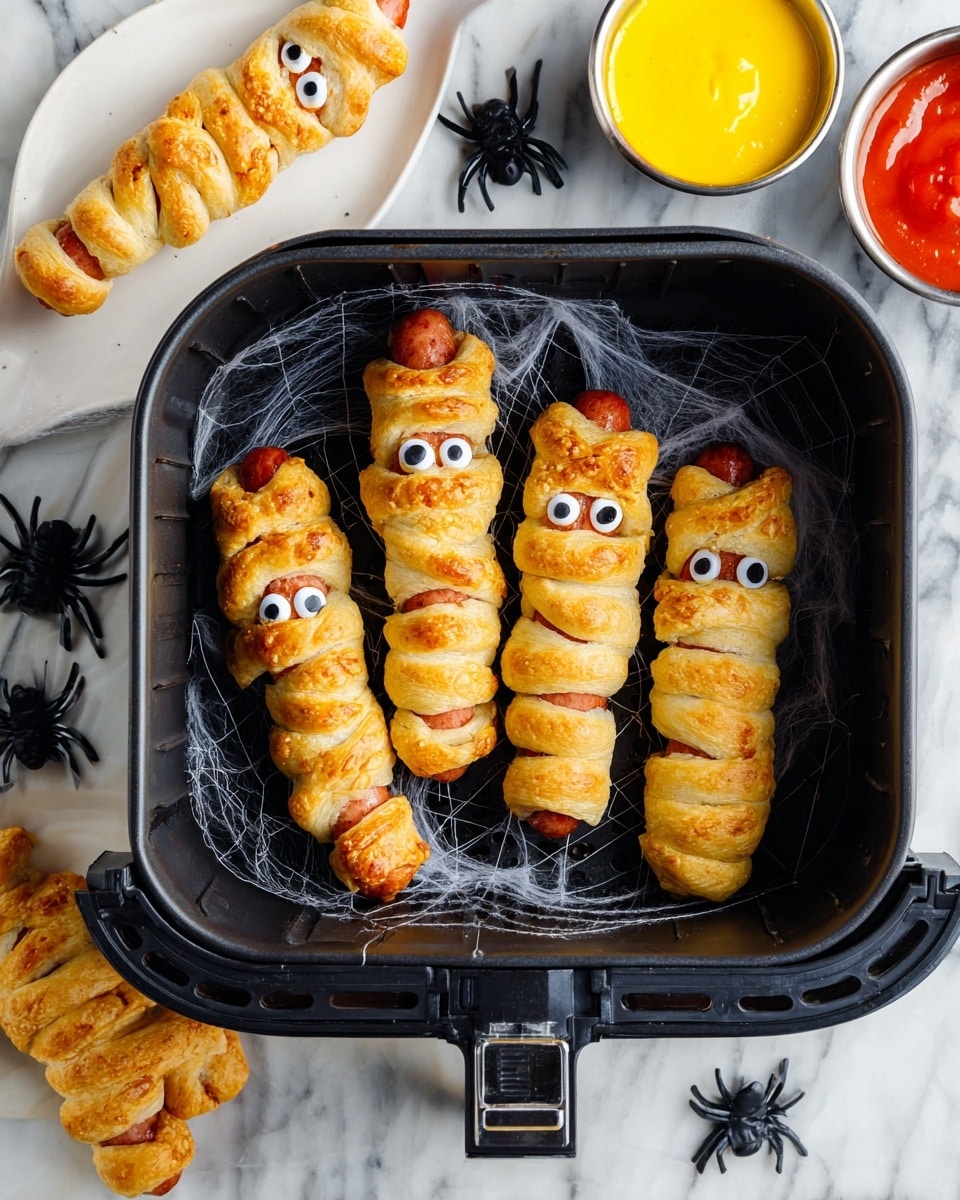 The image shows three small hot dogs wrapped in golden-brown puff pastry to look like mummies. Each mummy has layers of flaky pastry wrapping spiraled around the hot dog, leaving small gaps to show the sausage inside. On each hot dog, two large white candy eyes with black centers are placed near the top, giving a playful and spooky look. The mummies stand upright and are positioned closely together against a dark background, with some white bubbles or foam visible at the bottom. photo taken with an iphone --ar 4:5 --v 7