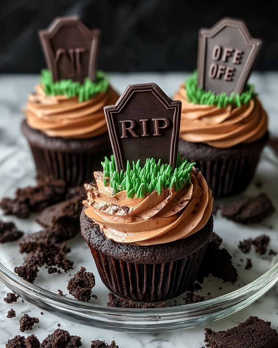 Three chocolate cupcakes sit on a clear plate over a white marbled surface scattered with crushed chocolate cookie crumbs. Each cupcake has a dark brown base with a swirl of smooth, light brown frosting on top. On the frosting, there is green textured icing shaped like grass. A dark chocolate tombstone-shaped piece is inserted upright into each cupcake, with the center one reading