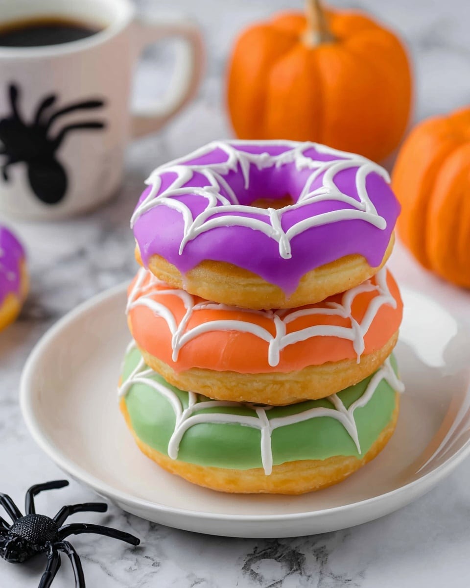 There are six donuts placed on a gold wire cooling rack on a white marbled surface. The donuts come in three colors: bright green, orange, and light purple, with two donuts of each color arranged in two columns. Each donut has a smooth, shiny icing layer on top, and a white spider web design drawn over the icing in a symmetrical pattern. Around the rack, there are small black felt decorations shaped like bats and spiders. On the left, there are two small white bowls with halloween-themed sprinkles in black, white, and orange, plus a small black plastic snake. There is also a glass of white milk partially showing on both the left and right sides of the image. photo taken with an iphone --ar 4:5 --v 7