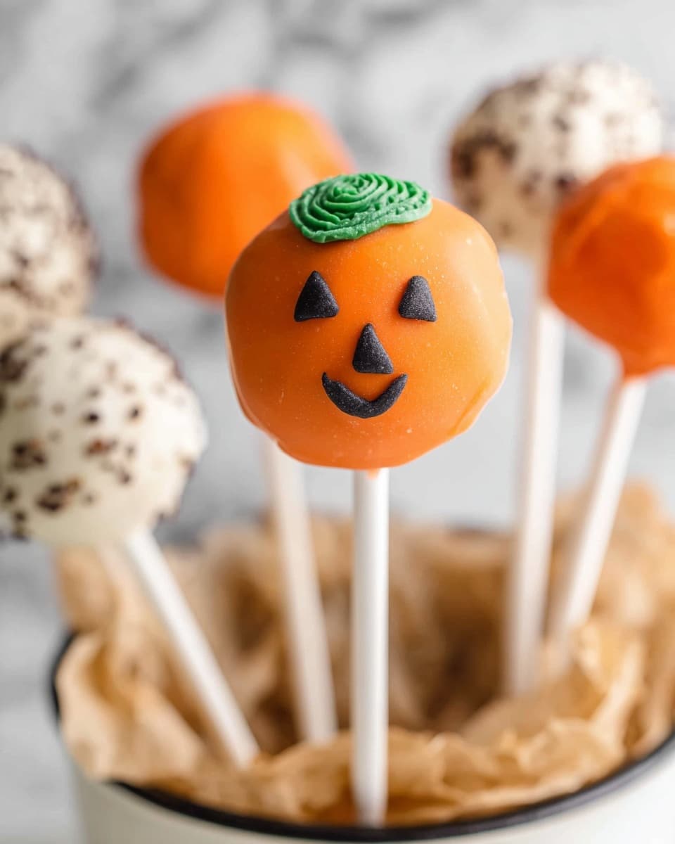This image shows a group of Halloween-themed cake pops standing in crinkled brown paper inside a clear glass container tied with a black ribbon with white polka dots. There are three main types of cake pops: one is white with a textured surface resembling a mummy, with small round black and white candy eyes; another is orange with a smooth surface decorated with a smiling jack-o'-lantern face and a small bright green stem on top; the third is covered in dark chocolate and densely sprinkled with small bright orange round sprinkles. The scene is set against a white marbled surface, with a soft and bright light giving a clear close-up view. Photo taken with an iphone --ar 4:5 --v 7