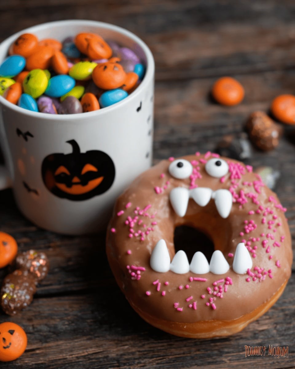 This image shows a chocolate donut decorated to look like a monster face. The donut has one layer of smooth milk chocolate frosting covering the top. On top of the frosting, pink sugar crystals are scattered, creating a textured look. Two white candy eyes with black centers sit near the top of the donut. Below the eyes is a jagged mouth made of white icing shaped like sharp teeth around the donut hole. The donut is on a dark wooden surface with colorful small round candies and star-shaped sprinkles around it. Photo taken with an iphone --ar 4:5 --v 7