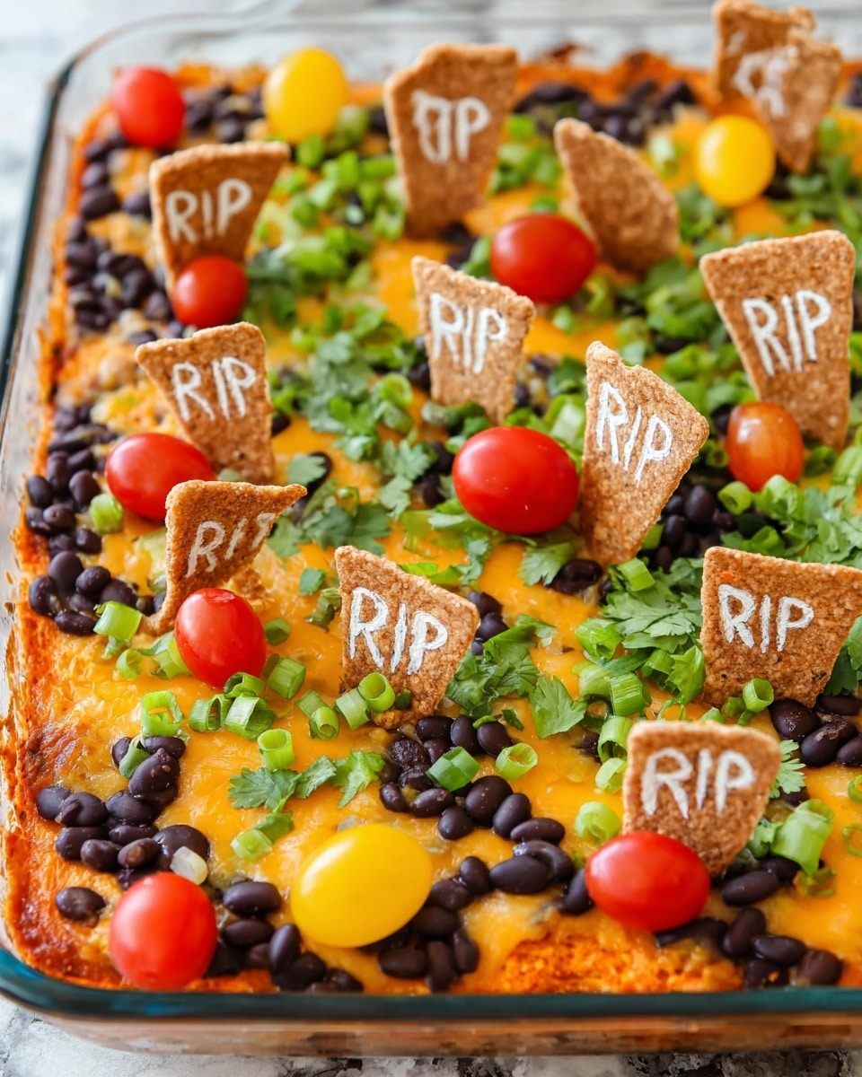 A close-up of a dish with a layer of bright orange cheesy dip on the bottom, topped with chopped green onions scattered over it. There are small black beans in a pile on one side, and two white tortilla pieces standing upright in the dip, each decorated with white icing writing that says