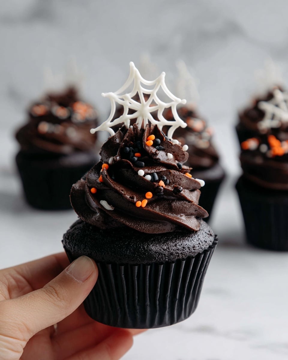 A close-up of a dark chocolate cupcake held by a woman's hand, with three main layers: the bottom is a rich dark chocolate cake in a black liner, the middle is a thick swirl of dark chocolate frosting with a smooth but slightly textured surface, topped with small orange, white, and black sprinkles, and the top features a delicate white chocolate spider web decoration standing upright. In the background, there are several similar cupcakes softly blurred on a white marbled surface. Photo taken with an iphone --ar 4:5 --v 7