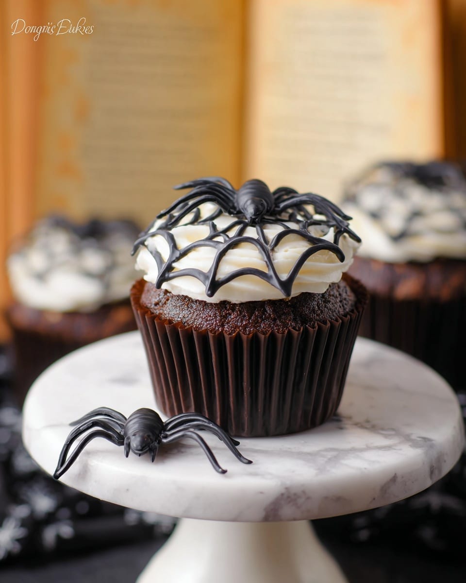 The image shows a dark chocolate cupcake with three layers: a dark brown base, a middle layer of creamy white frosting, and a top layer with dark chocolate icing decorated with white web-like lines. On the top of the cupcake is a small black plastic spider, and another spider sits on the edge of the white round cake stand. The background is out of focus with an open old book in warm yellow tones and a white marbled surface underneath. photo taken with an iphone --ar 4:5 --v 7