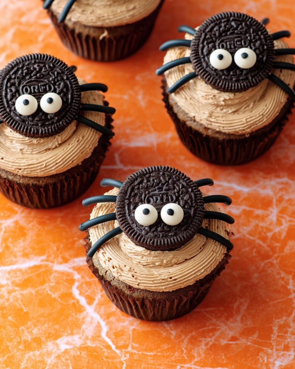 Four cupcakes sit on an orange surface with white veins, each topped with a swirl of light brown frosting. On top of the frosting, there is a whole dark chocolate cookie with
