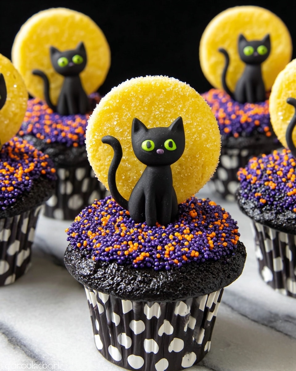 The image shows several cupcakes each wrapped in black and white polka dot liners. The top layer is covered with a thick, rough texture of purple and black sprinkles. On each cupcake is a yellow cookie shaped like a full moon, standing vertically, with a small black plastic cat figure with yellow eyes placed in front of the cookie. The cupcakes are arranged on a white marbled surface. photo taken with an iphone --ar 4:5 --v 7