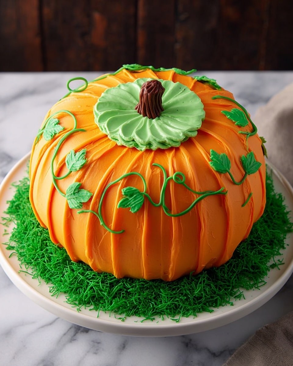 The image shows a round cake shaped like a pumpkin on a large white plate. The cake has one main orange layer with textured ridges all over to look like pumpkin skin. In the center, there is a small raised green circle that acts as the pumpkin stem. Green icing vines and leaves are swirled on top of the orange layer radiating from the green stem. Around the base of the cake on the white plate is a border of bright green shredded decoration that looks like grass. The plate sits on a white marbled surface with a colorful striped cloth nearby. A knife with a brown handle is placed next to the plate. Photo taken with an iphone --ar 4:5 --v 7