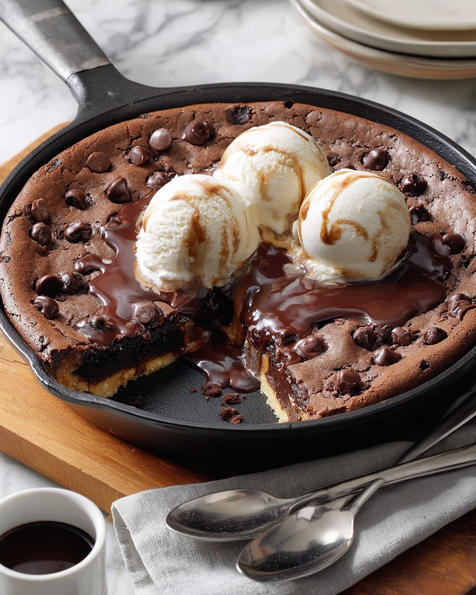 A round, thick chocolate cookie skillet dessert sits in a black cast iron pan, dotted with small dark chocolate chips on the top layer. Inside, a visible inner layer of lighter, peanut butter-colored dough contrasts with the darker outer cookie layer. Three creamy, white vanilla ice cream scoops are placed on one side of the cookie, slightly melting and mixing with shiny, dark chocolate sauce pooling around them. The cast iron pan rests on a wooden board with two silver spoons and a light beige napkin nearby, all set against a white marbled background. Photo taken with an iphone --ar 4:5 --v 7