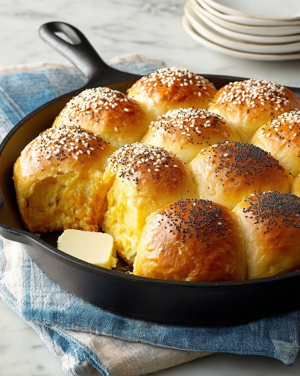 A black cast iron skillet holds eleven golden brown dinner rolls closely packed in three layers, with the top layer showing some rolls sprinkled with white sesame seeds and others with black poppy seeds. In the front left, one roll is pulled apart slightly revealing its soft, fluffy yellow interior with a melting white pat of butter on top. The skillet sits on a blue and white striped cloth over a white marbled surface. Photo taken with an iphone --ar 4:5 --v 7