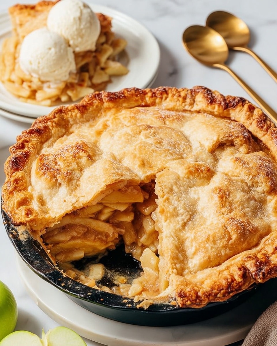 A golden brown apple pie with a thick, flaky crust on top, showing a single slice removed to reveal four visible layers inside: the top crust with a slightly rough texture, a layer of soft, cooked apple slices in golden brown syrup, a darker layer of rich filling beneath the apples, and a bottom crust holding the pie together. The pie sits in a black dish placed on a white plate, all set on a white marbled surface. In the background, a white plate holds a slice of pie topped with a scoop of vanilla ice cream, alongside two gold spoons and some green apple slices are also partially visible. photo taken with an iphone --ar 4:5 --v 7
