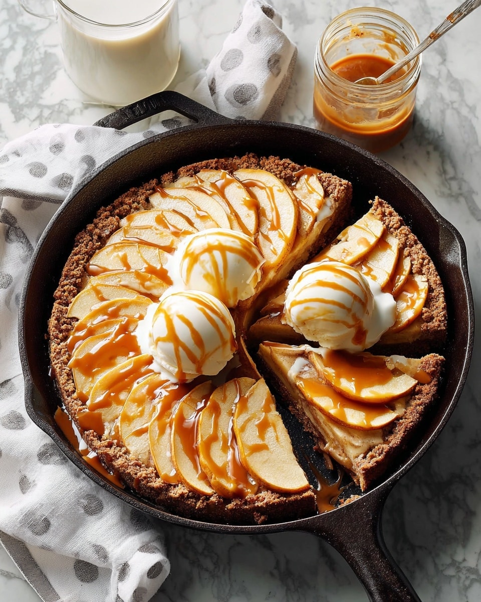 A black cast iron skillet holds a pie with three visible layers: the bottom crust is dark brown and crumbly, the middle layer looks moist and nutty, and the top layer has thin, pale yellow apple slices arranged in a circular fan pattern. Three scoops of creamy white ice cream sit near the center, slightly melting and drizzled with light brown caramel sauce, which is also drizzled over the apple slices. Two slices are cut and slightly pulled out, showing the pie’s texture inside. The skillet sits on a white marbled surface, with a glass jar of milk and small dish of caramel sauce in the background. Photo taken with an iphone --ar 4:5 --v 7