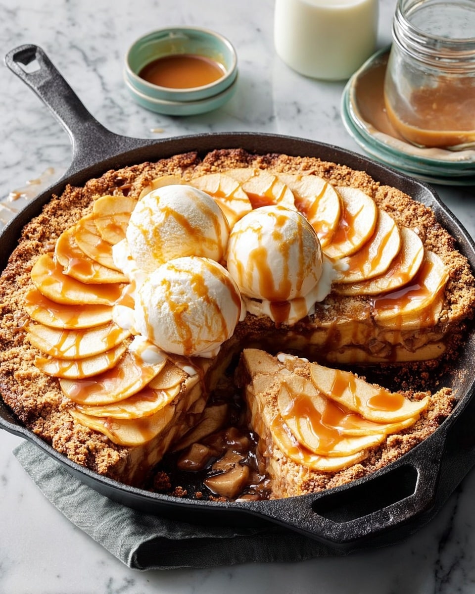 The image shows a round apple dessert in a black cast-iron skillet. The base layer is a crumbly brown crust, topped with a layer of thin, overlapping apple slices arranged in a circular pattern around the skillet. Three scoops of white ice cream sit on one side of the dessert, slightly melting with creamy white sauce running down the sides. A caramel-colored sauce is drizzled over the apple slices and ice cream in thin lines. Two slices have been cut and pulled out slightly, showing the soft texture of the crust and apple layers inside. The skillet is placed on a dark table with a white marbled texture next to a glass of milk and an orange sauce in a clear small bowl. A woman’s hand holds the skillet handle, ready to serve. Photo taken with an iphone --ar 4:5 --v 7