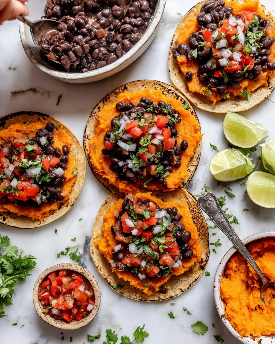 Three soft yellow corn tortillas are folded and placed side by side on a white plate with blue swirled lines, sitting on a white marbled surface. Each tortilla is filled with three layers: the bottom is dark black bean mash with a slightly chunky texture, the middle layer consists of orange roasted sweet potato cubes, and the top layer has fresh green avocado slices, crumbled white cheese, a few scattered light green pumpkin seeds, and bright green cilantro leaves. A lime wedge rests near the plate edge. Photo taken with an iphone --ar 4:5 --v 7