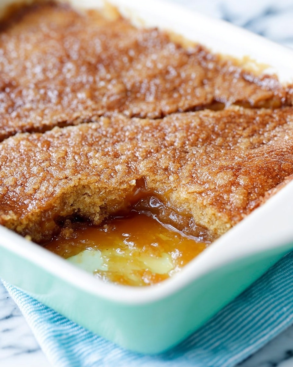 The image shows a dessert with two layers in a white baking dish placed on a white marbled surface. The top layer is a golden-brown, crisp crust with a rough texture and uneven edges. The bottom layer is a translucent, sticky filling with a light amber color that looks soft and slightly thick. A small piece of the crust has been lifted, revealing the filling beneath. Photo taken with an iphone --ar 4:5 --v 7