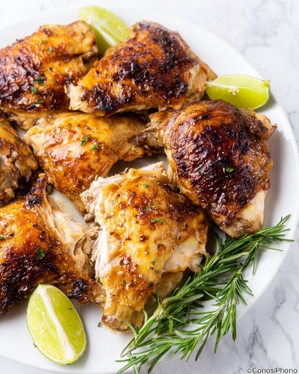 The image shows a white plate with several large, golden-brown roasted chicken pieces, including thighs and a leg, with a crispy, shiny skin. The chicken is garnished with small green herbs sprinkled on top, and there are a few lime wedges placed around the plate. A fresh sprig of rosemary rests on the side of the plate. The plate sits on a white marbled textured surface. Photo taken with an iphone --ar 4:5 --v 7