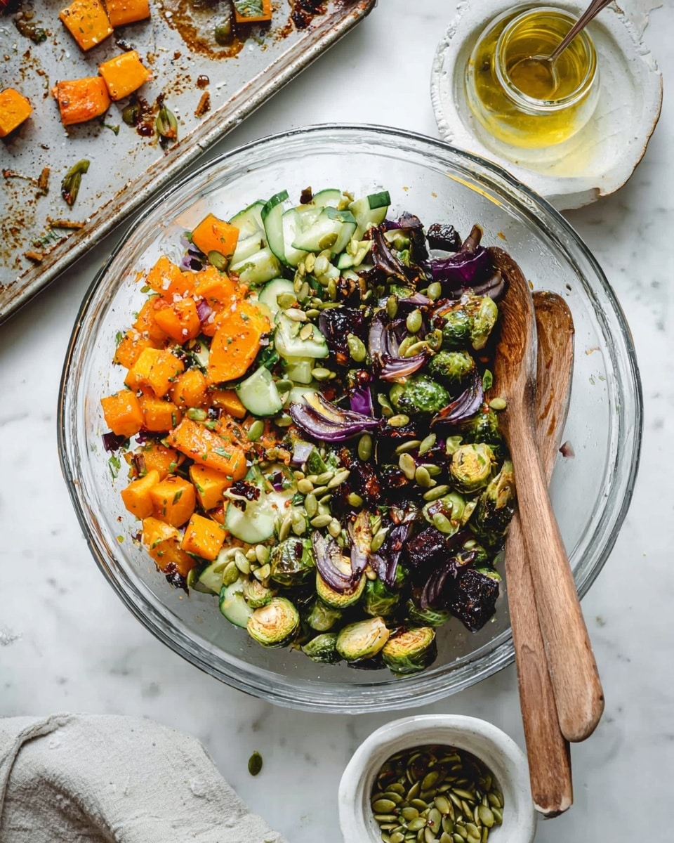 This image shows a white bowl full of a colorful salad. The bowl contains pieces of roasted orange sweet potato, green Brussels sprouts, slices of purple onion, and small chunks of pale green cucumber mixed with cooked red and white quinoa. Scattered green pumpkin seeds sit on top. There are two silver forks resting inside the bowl, and the bowl is placed on a white marbled surface with a light beige cloth nearby. The colors and textures create a fresh and vibrant look. photo taken with an iphone --ar 4:5 --v 7