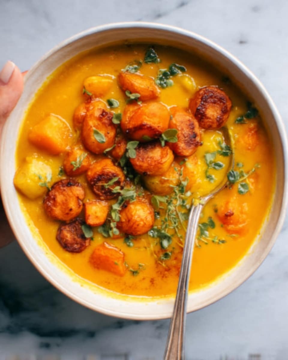 A white bowl filled with a creamy yellow soup that has chunks of orange vegetables and small pieces of green herbs floating on top. The texture looks smooth with some soft vegetable bits, and a silver spoon rests inside the bowl with a woman's hand holding it from the right side. The bowl is set on a white marbled surface, and the overall look is warm and inviting. photo taken with an iphone --ar 4:5 --v 7