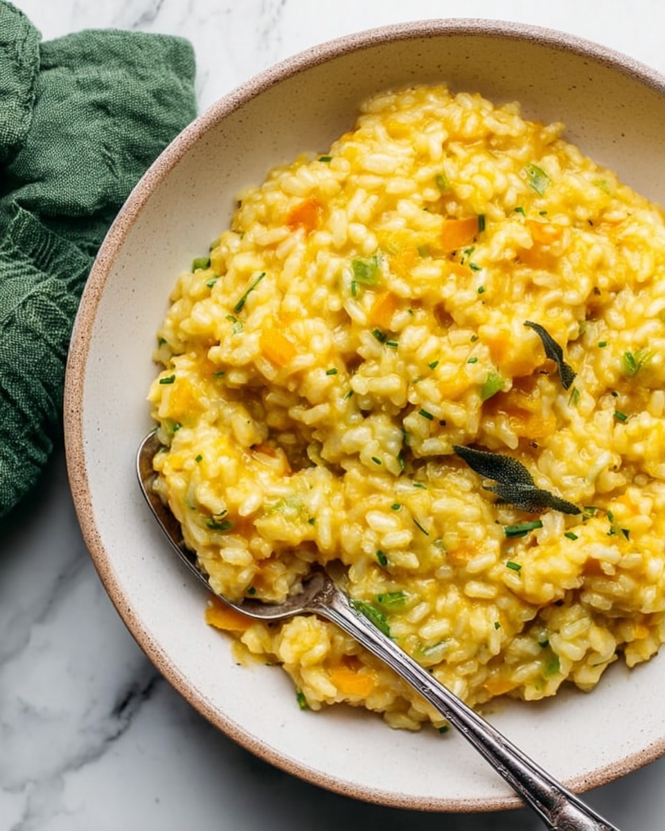 A close-up view of a bowl filled with bright yellow creamy risotto, showing soft, slightly shiny grains of rice mixed with small green leaf pieces evenly spread throughout. The risotto fills the white bowl almost to the top, with a silver spoon partially buried in the rice on the right side. The bowl is placed on a white marbled surface with a hint of green cloth in the top left corner. Some black pepper is sprinkled lightly over the top of the risotto. photo taken with an iphone --ar 4:5 --v 7