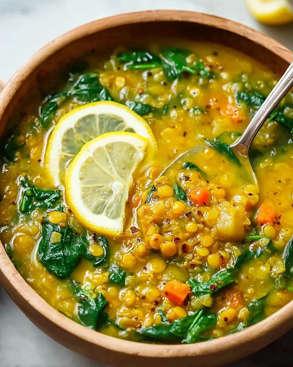 A close-up view of a thick soup in a round white bowl showing one layer of golden-yellow broth filled with textured brown lentils, bright green spinach leaves spread evenly, small orange carrot pieces, and light green potato chunks. Two thin lemon slices float on top near the edge, adding a fresh yellow accent. A silver spoon with a wooden handle is dipped inside the soup, partially visible on the left edge. The bowl sits on a white marbled surface with soft natural lighting highlighting the soup’s shiny, slightly oily surface photo taken with an iphone --ar 4:5 --v 7