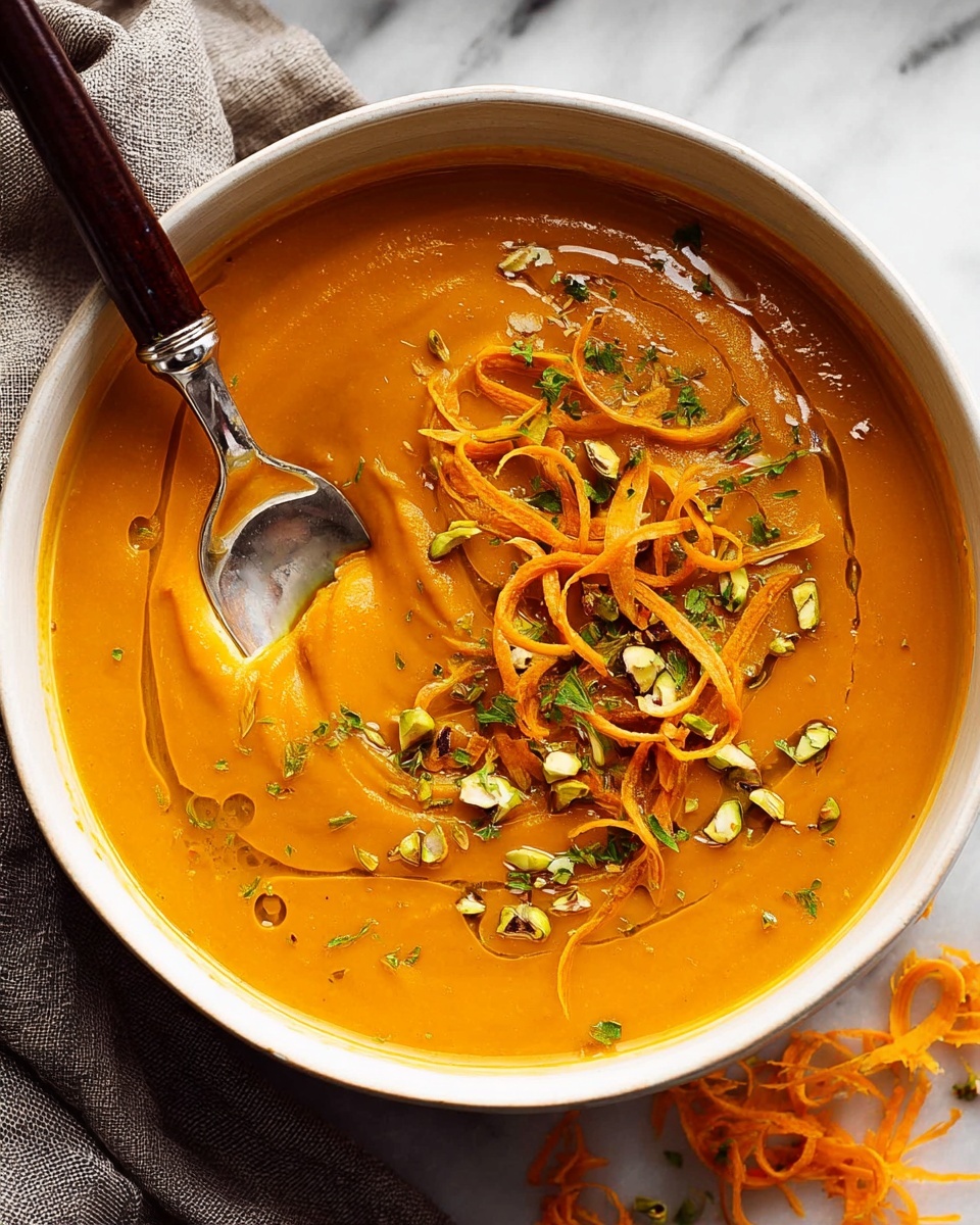 A close-up of a dark bowl filled with smooth orange soup, decorated with thin curly orange carrot ribbons on top. Small green chopped herbs and bits of crushed nuts add texture and color contrast scattered over the soup. A silver spoon scoops a portion of the thick soup, lifting it near the edge of the bowl. The bowl sits on a gray cloth with some carrot pieces below, and the background is a white marbled surface. photo taken with an iphone --ar 4:5 --v 7