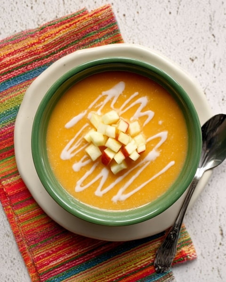 A shallow white bowl filled with smooth orange soup, topped with thin white cream lines arranged in a zigzag pattern and small cubes of red and white apple placed in the center. The bowl sits on a colorful checkered cloth with shades of orange, red, yellow, green, and black, all set on a white marbled surface. A silver spoon is partially visible on the right side near the bowl. Photo taken with an iphone --ar 4:5 --v 7