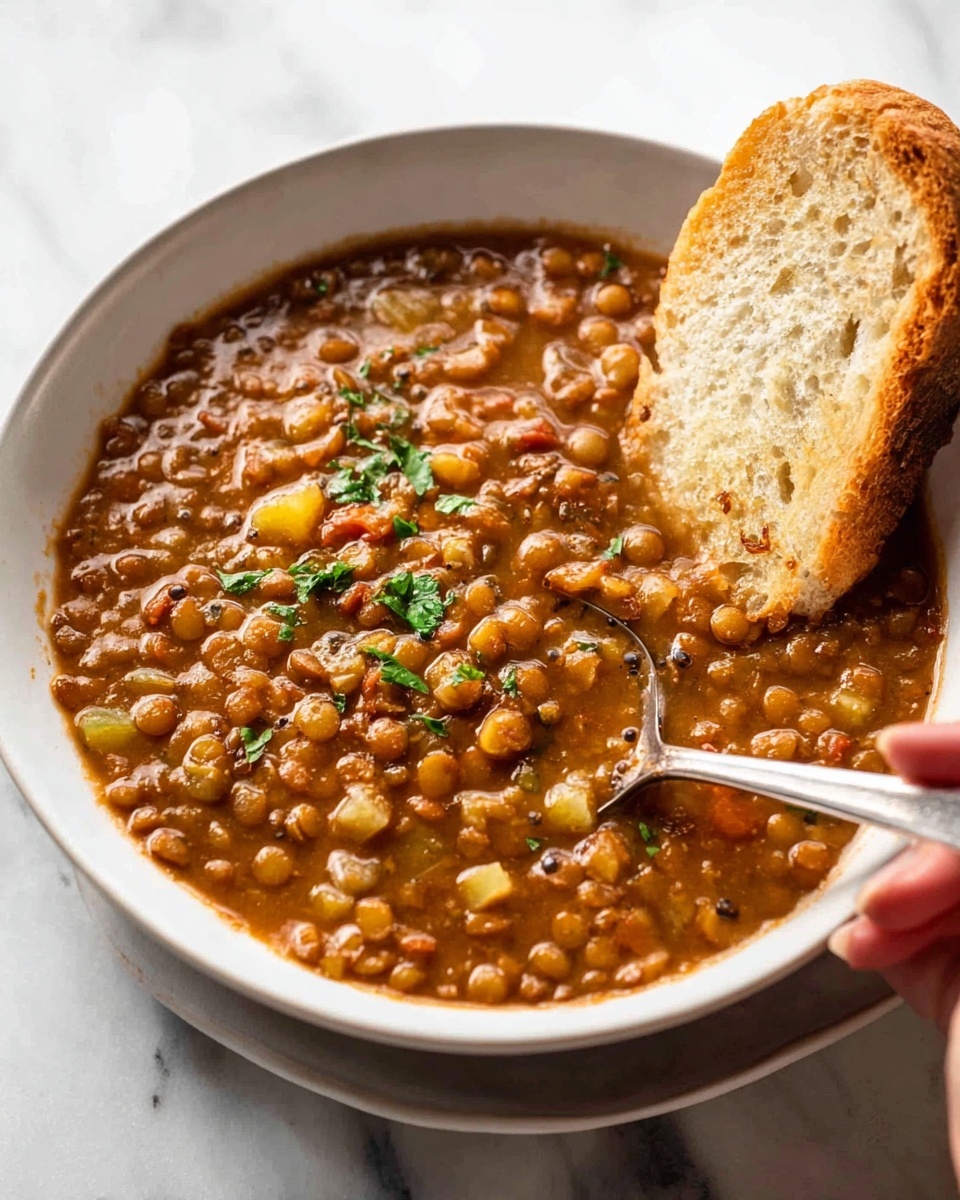 A white bowl filled with thick lentil soup that has a rich brown color with visible whole lentils and small pieces of carrots, topped with small green herb leaves. A woman's hand is holding a spoon that is scooping some soup near the side of the bowl. On the right side, a toasted slice of bread with a golden crust is resting on the edge of the bowl, partially dipped into the soup. The bowl is placed on a white marbled surface. photo taken with an iphone --ar 4:5 --v 7